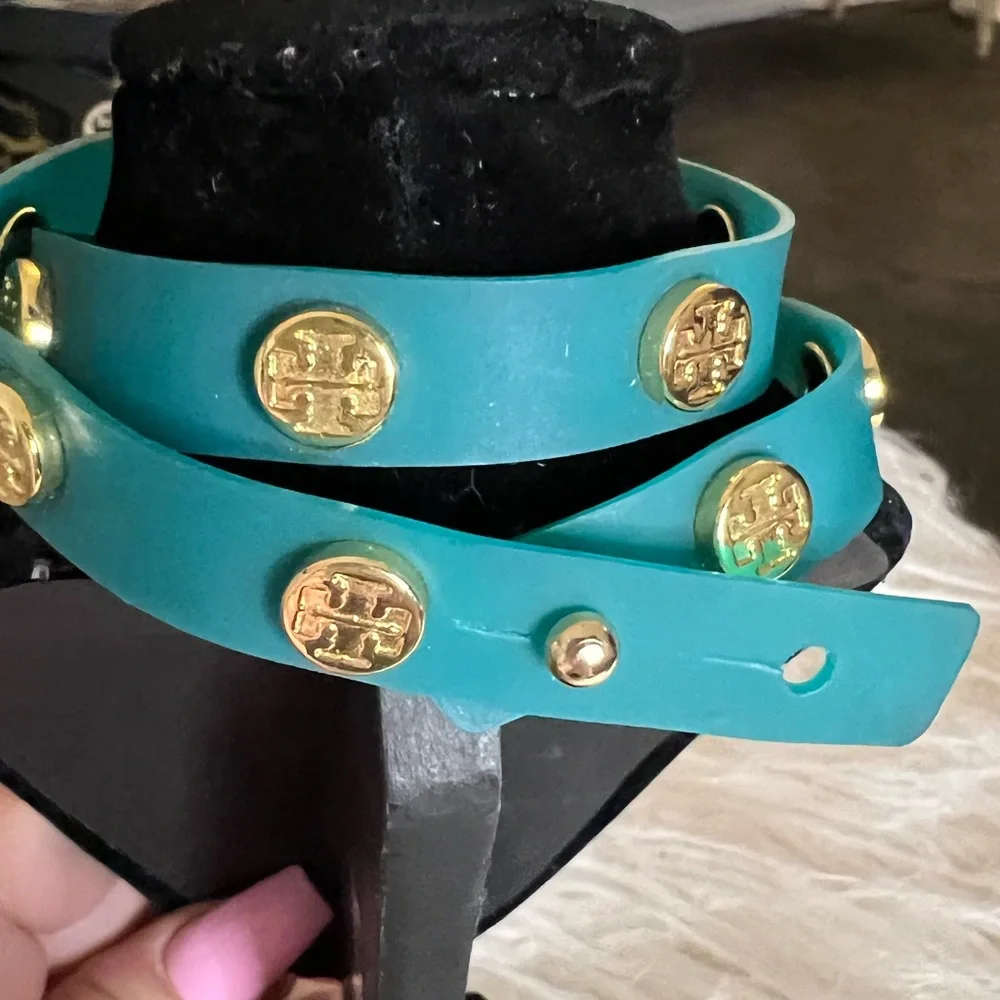 Tory Burch Logo Studded Jelly Wrap Turquoise Bracelet
